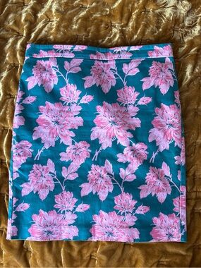 J. Crew Teal Pencil Skirt with Pink Floral Print